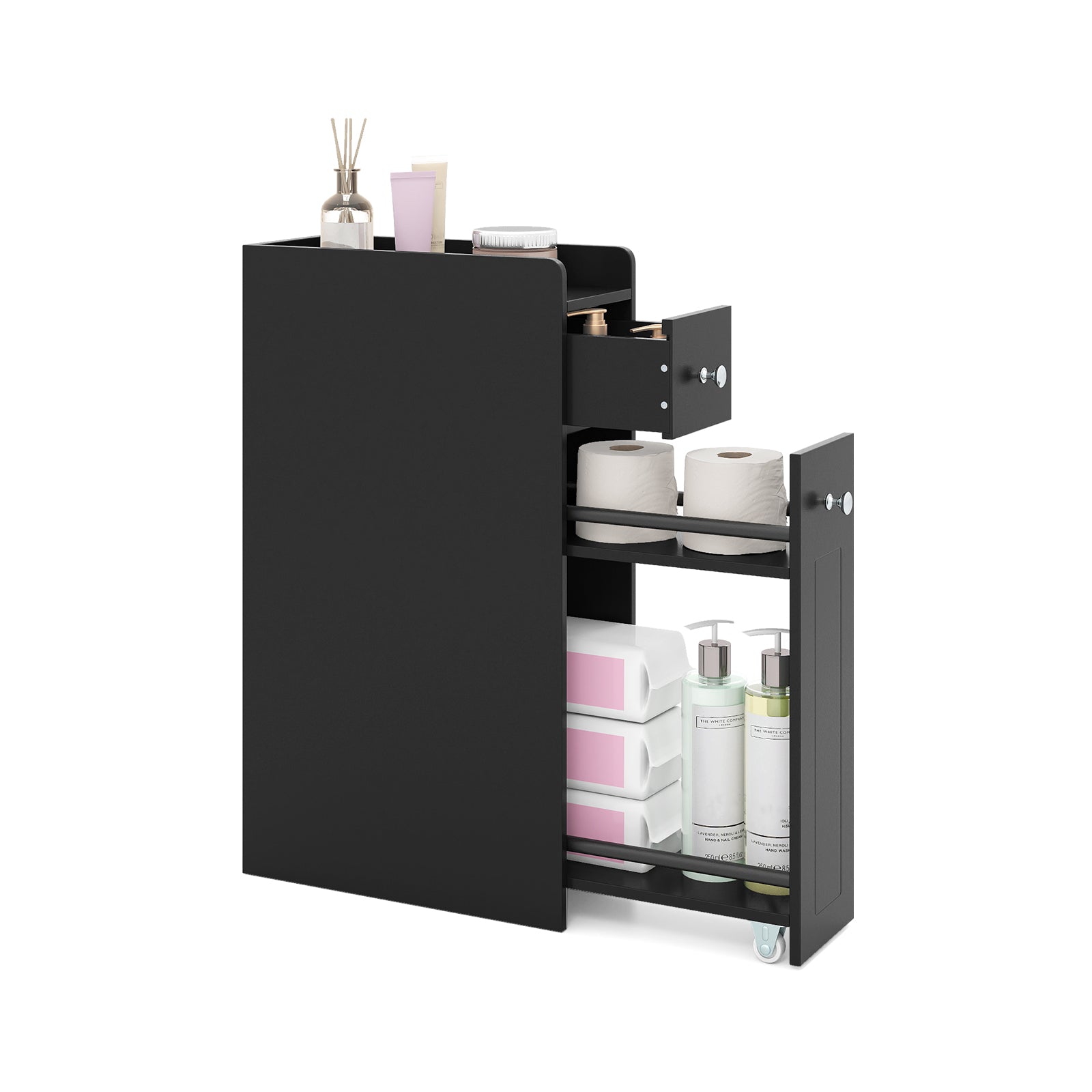 Small Bathroom Storage Cabinet 4-Tier with Slide Out Drawers on Casters-Black