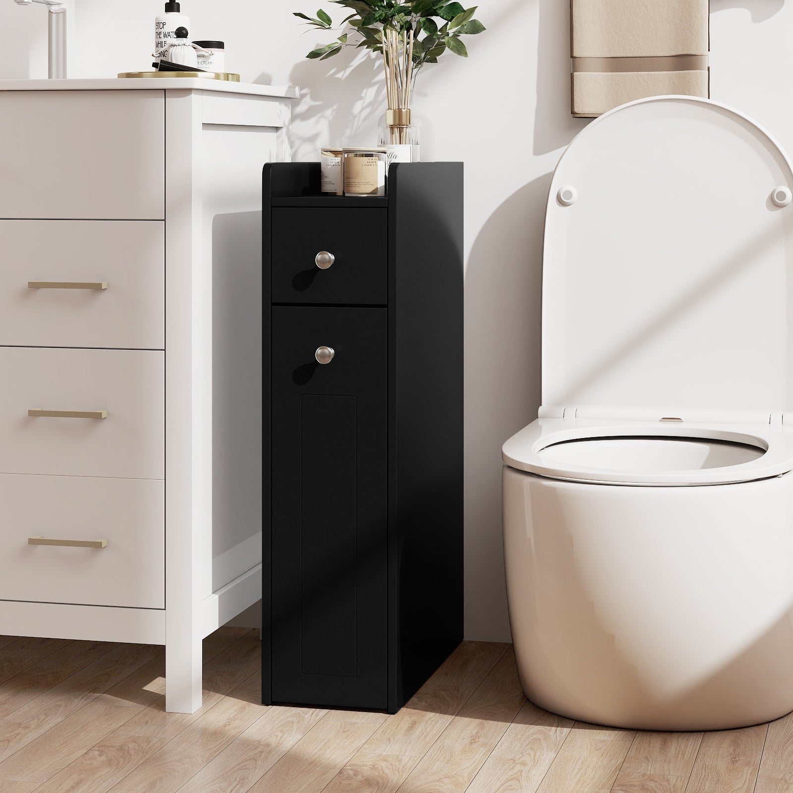 Small Bathroom Storage Cabinet 4-Tier with Slide Out Drawers on Casters-Black