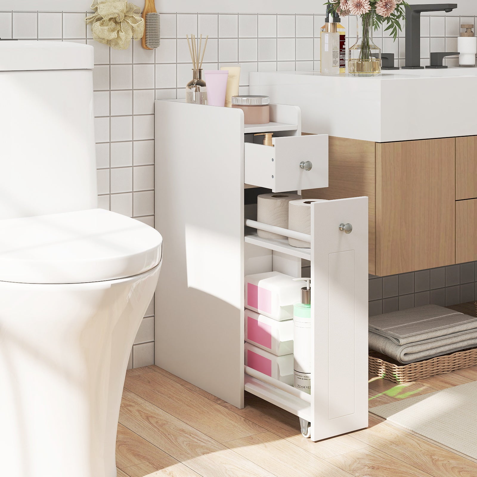 Small Bathroom Storage Cabinet 4-Tier with Slide Out Drawers on Casters-White