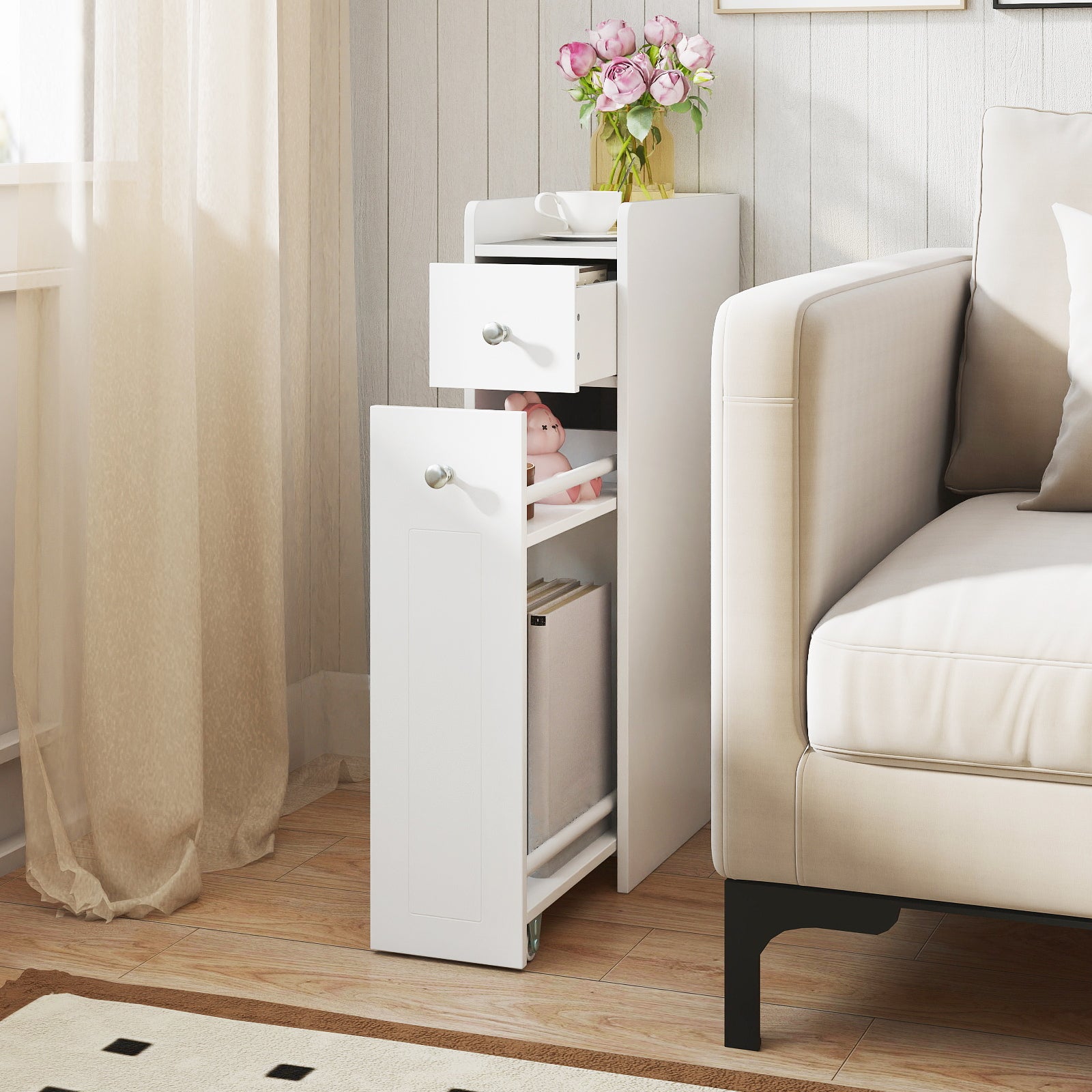 Small Bathroom Storage Cabinet 4-Tier with Slide Out Drawers on Casters-White