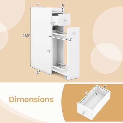 Small Bathroom Storage Cabinet 4-Tier with Slide Out Drawers on Casters-White