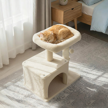 Small Cat Tree with Large Padded Plush Perch for Indoor Cats-Beige