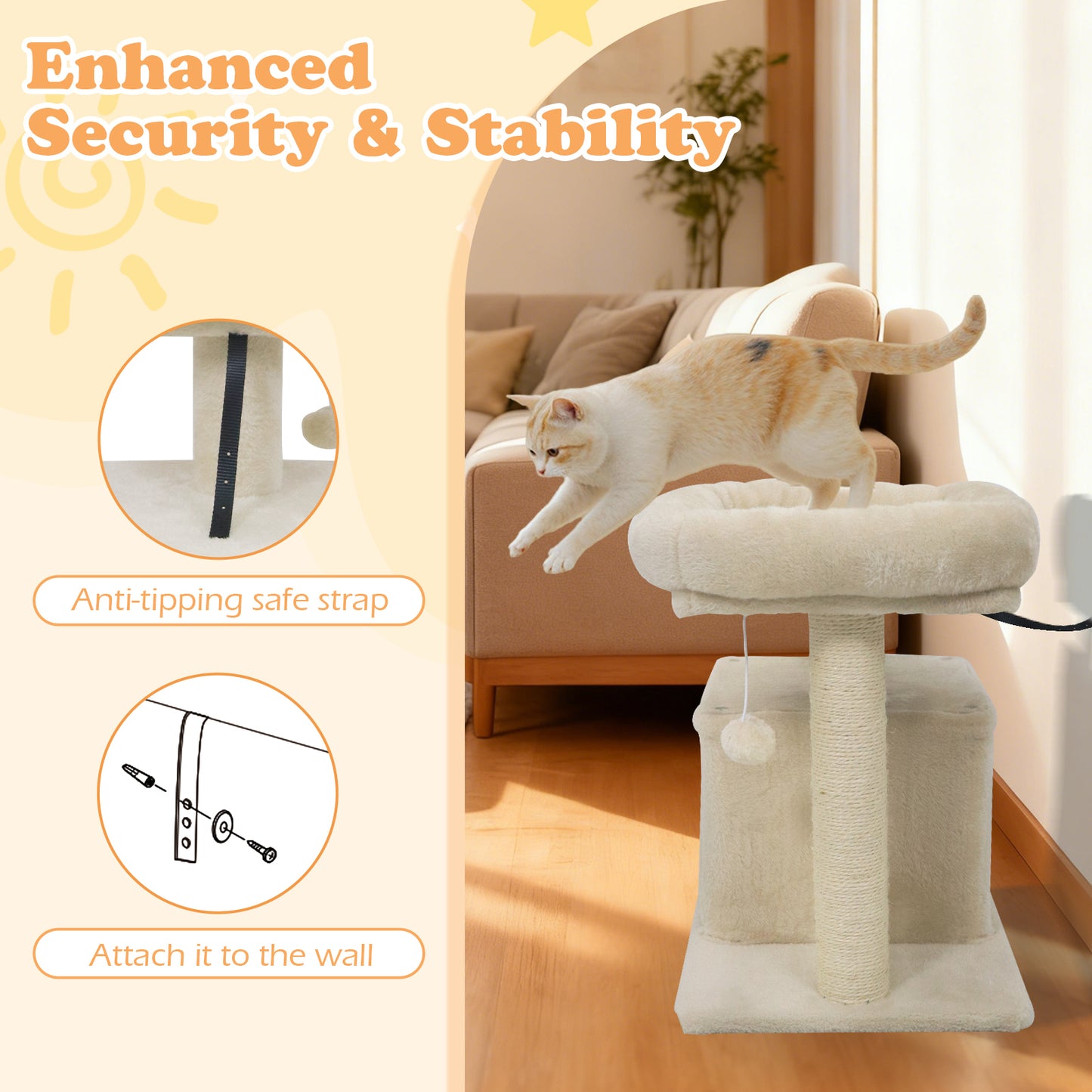 Small Cat Tree with Large Padded Plush Perch for Indoor Cats-Beige