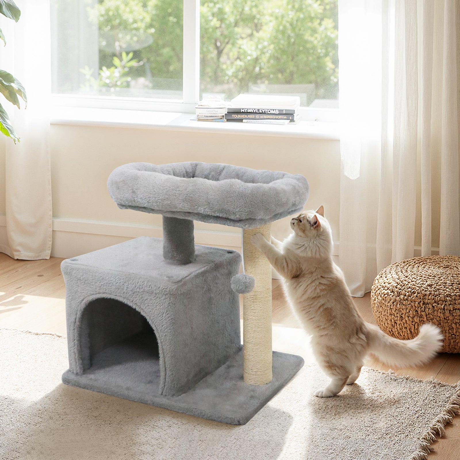 Small Cat Tree with Large Padded Plush Perch for Indoor Cats-Light Gray