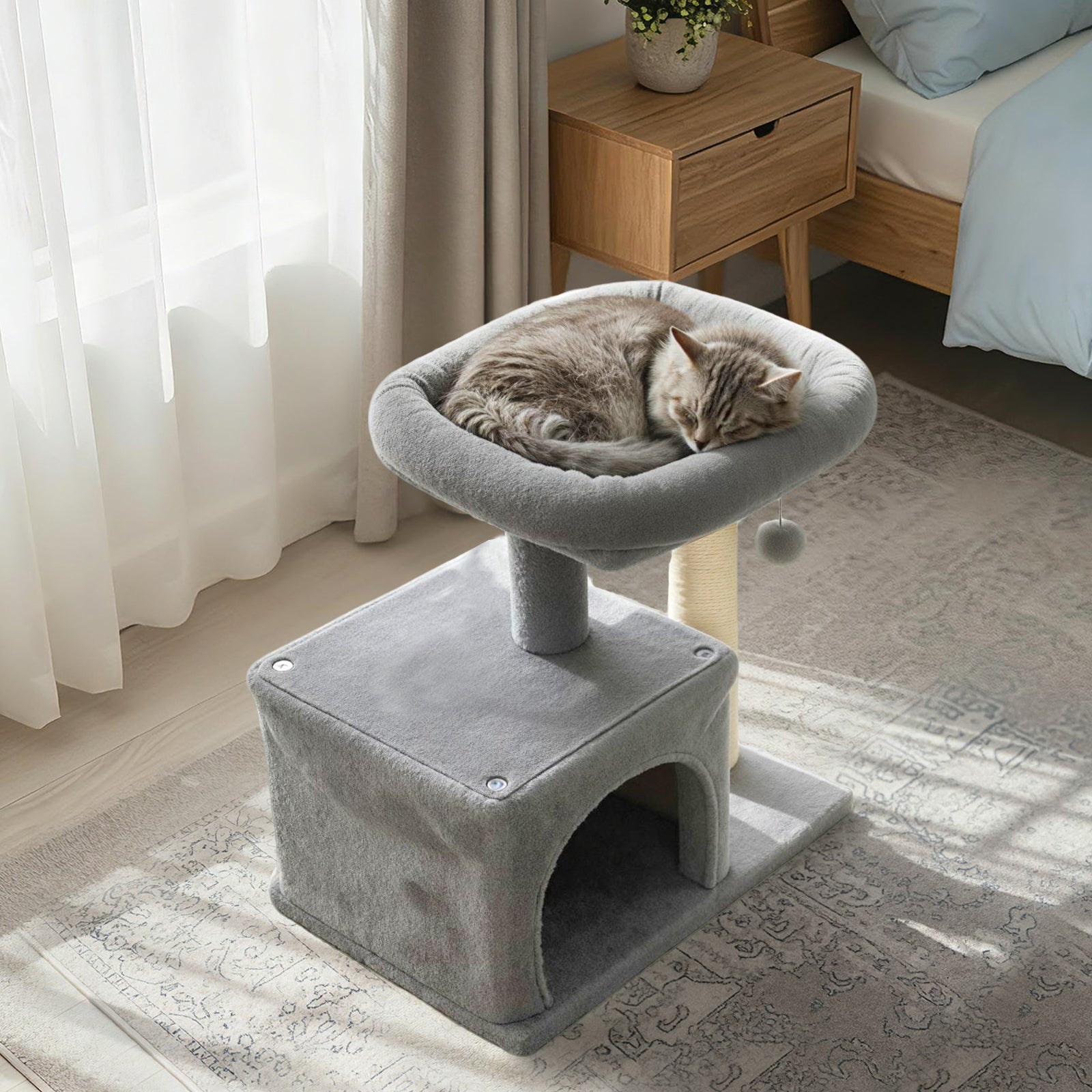Small Cat Tree with Large Padded Plush Perch for Indoor Cats-Light Gray