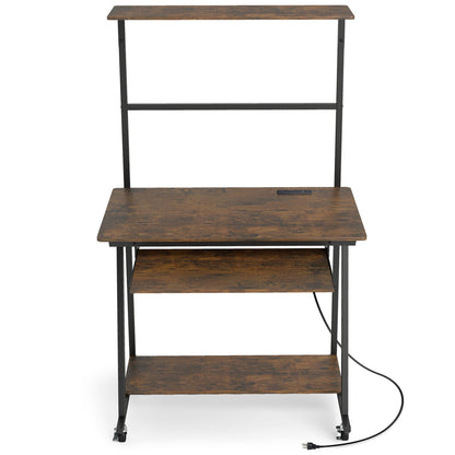 Small Computer Desk with Charging Station and LED Lights and Wheels