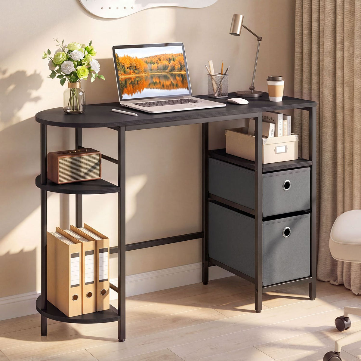Small Computer Desk with Half-moon Side Shelves and Folding Fabric Drawers