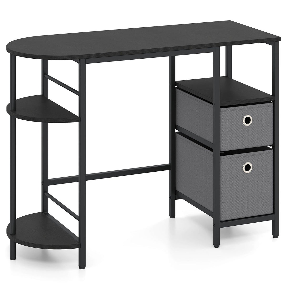 Small Computer Desk with Half-moon Side Shelves and Folding Fabric Drawers