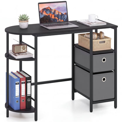 Small Computer Desk with Half-moon Side Shelves and Folding Fabric Drawers