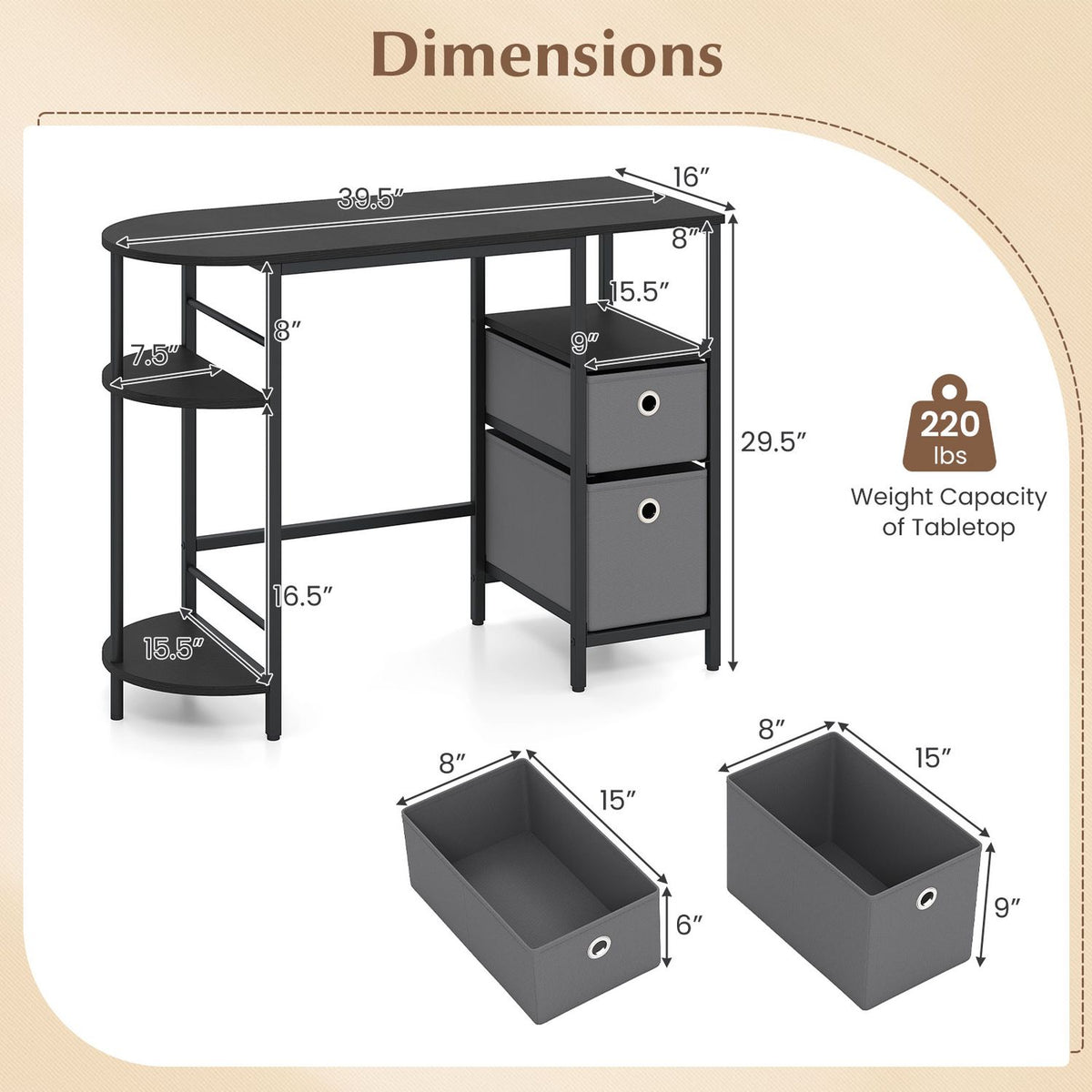 Small Computer Desk with Half-moon Side Shelves and Folding Fabric Drawers