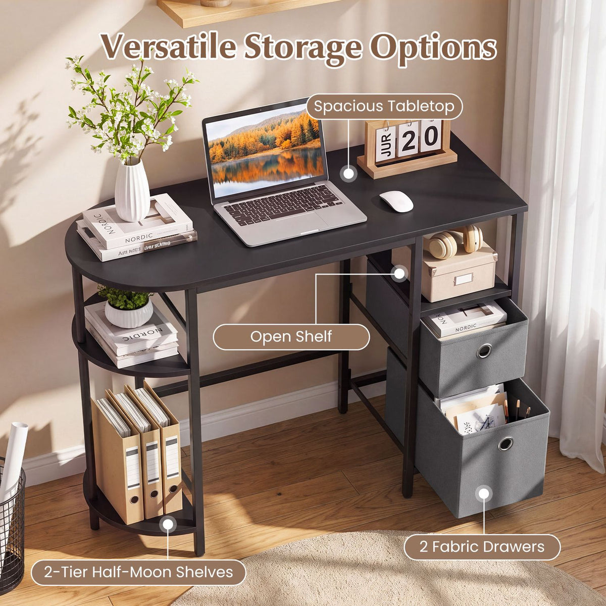 Small Computer Desk with Half-moon Side Shelves and Folding Fabric Drawers