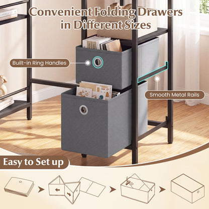 Small Computer Desk with Half-moon Side Shelves and Folding Fabric Drawers