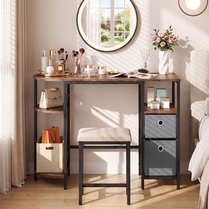 Small Computer Desk with Half-moon Side Shelves and Folding Fabric Drawers