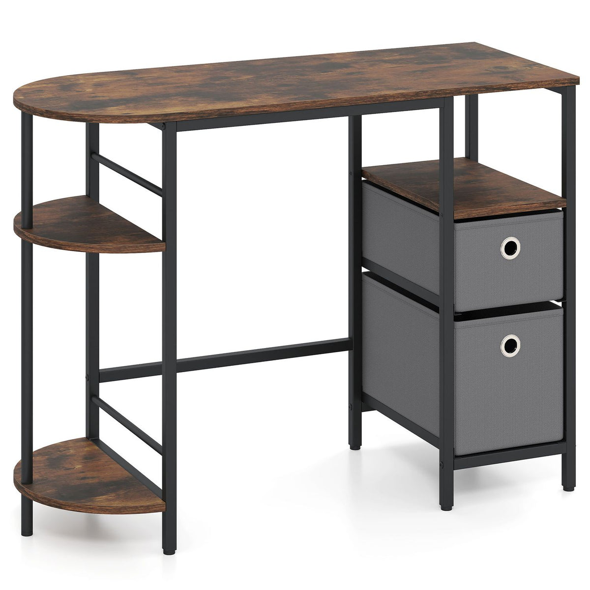 Small Computer Desk with Half-moon Side Shelves and Folding Fabric Drawers