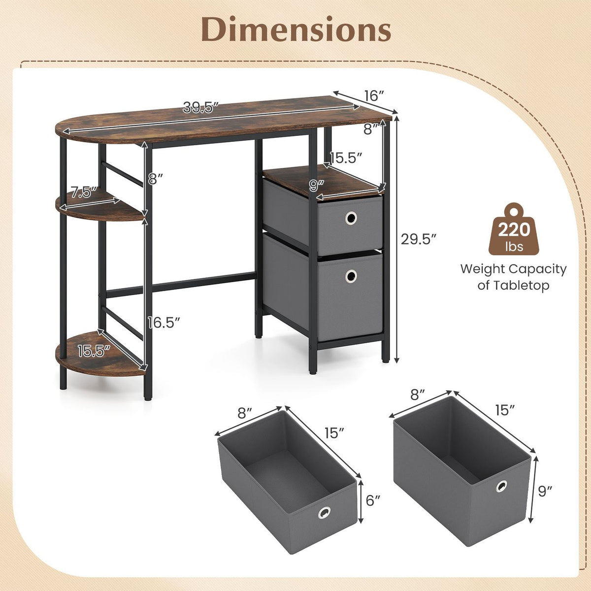 Small Computer Desk with Half-moon Side Shelves and Folding Fabric Drawers