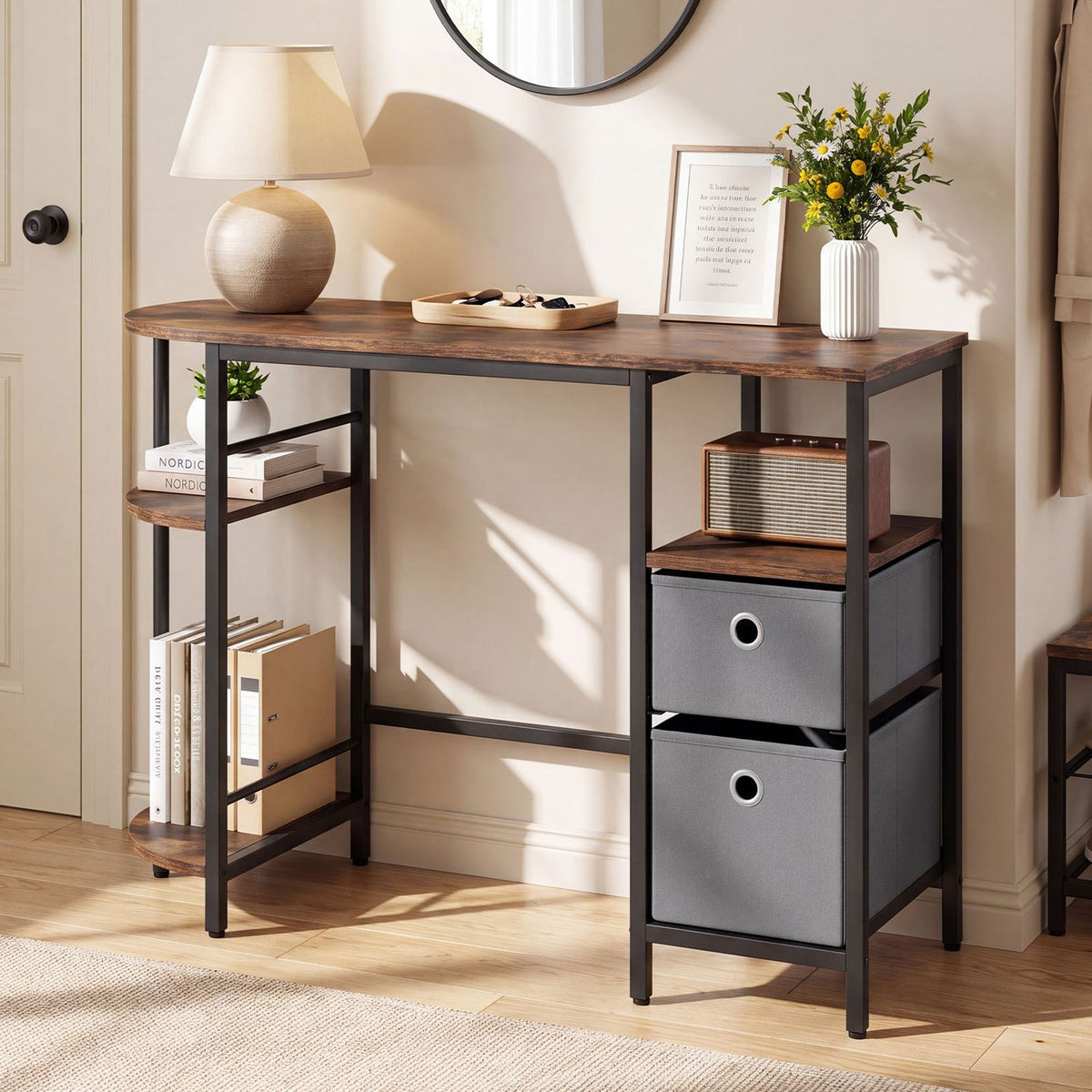 Small Computer Desk with Half-moon Side Shelves and Folding Fabric Drawers