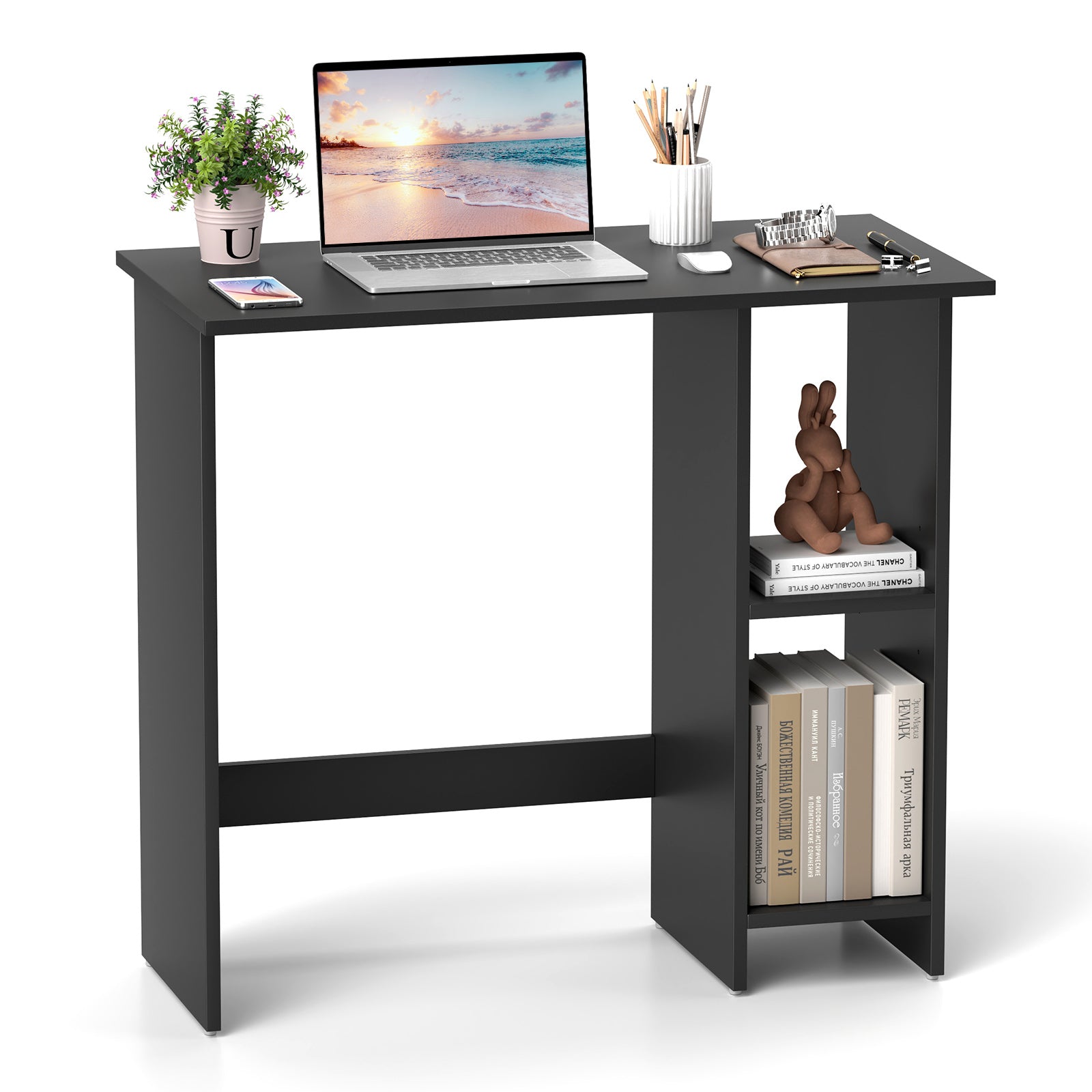 Small Computer Desk with Storage and Adjustable Shelf-White - Black