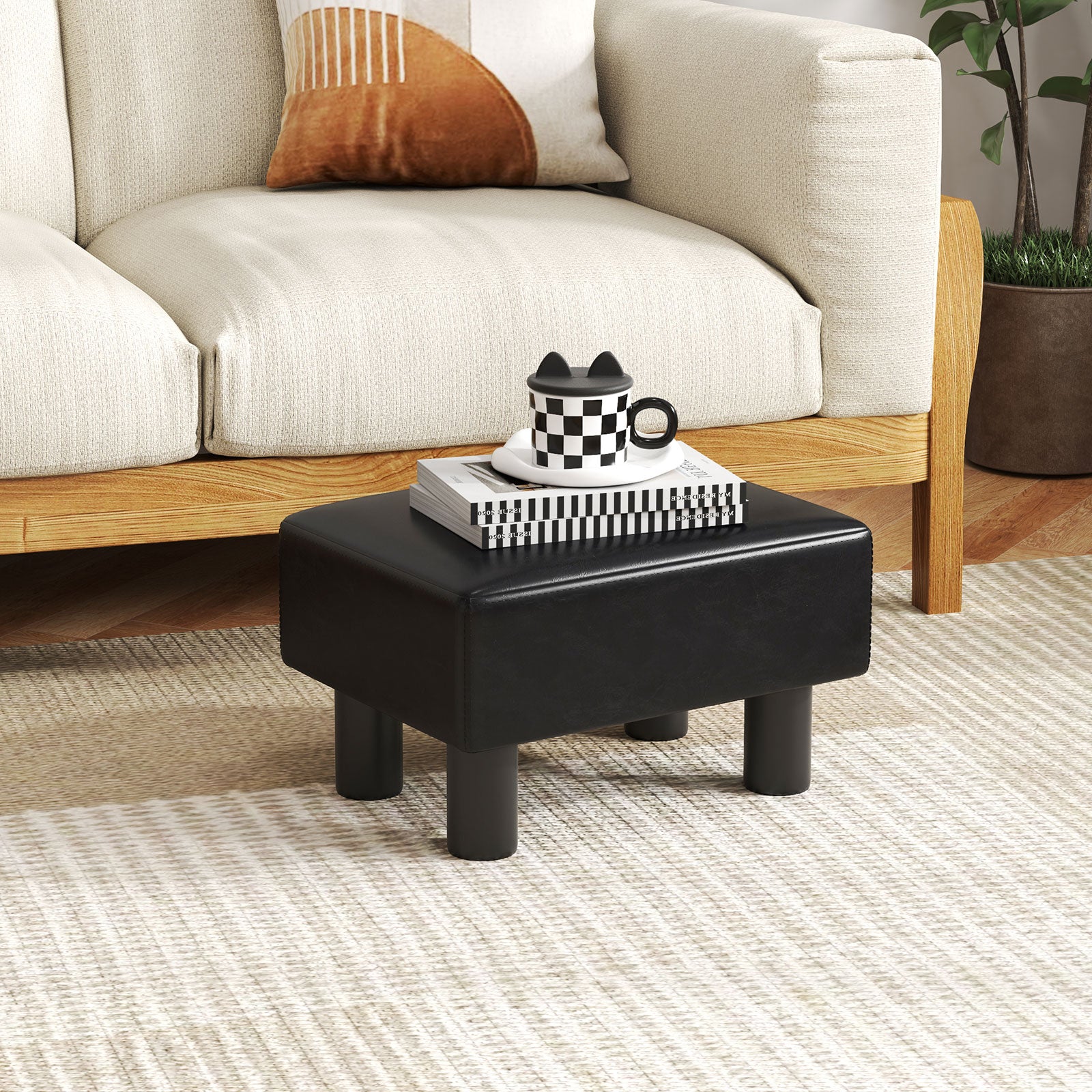 Small PU Leather Rectangular Seat Ottoman Footstool-Black