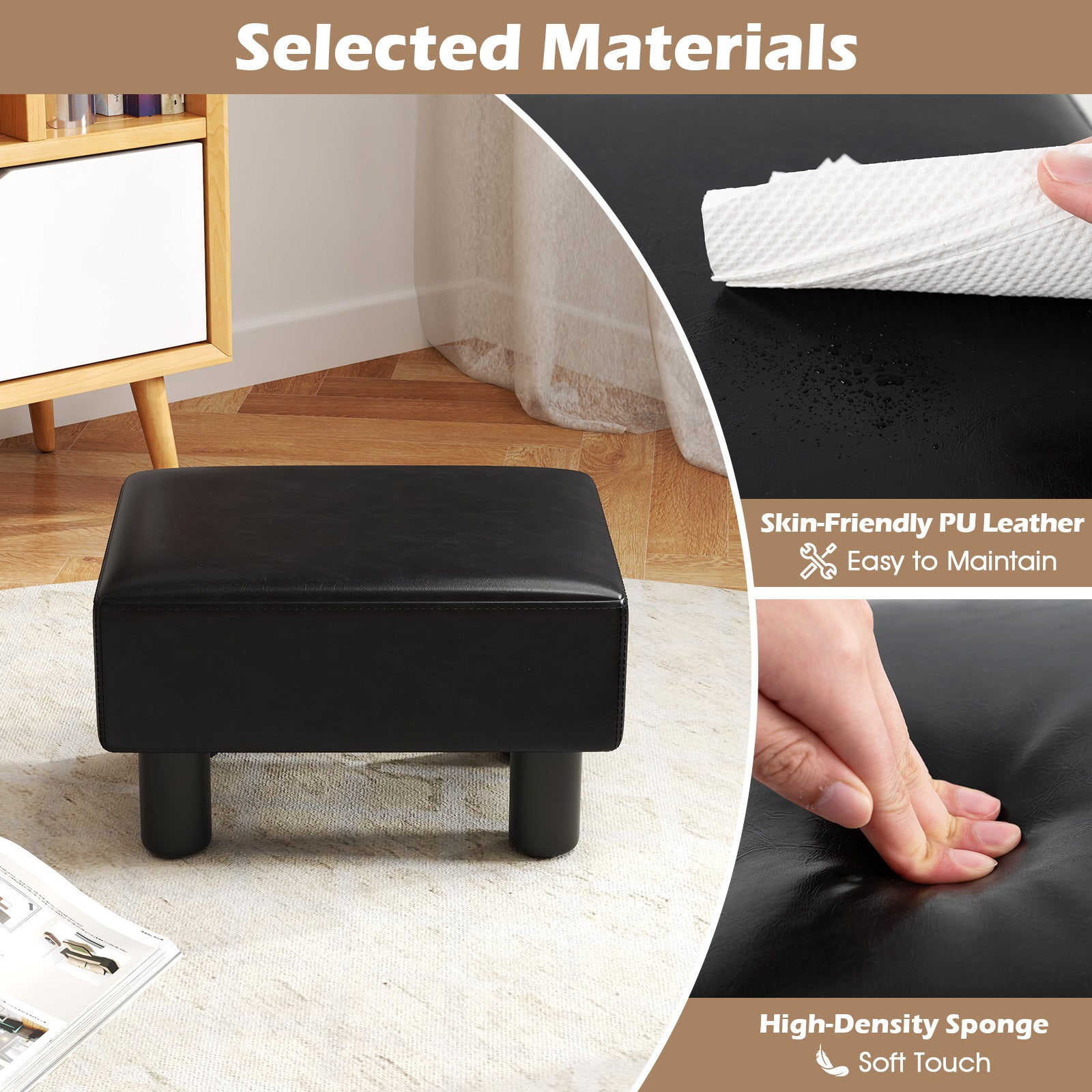 Small PU Leather Rectangular Seat Ottoman Footstool-Black