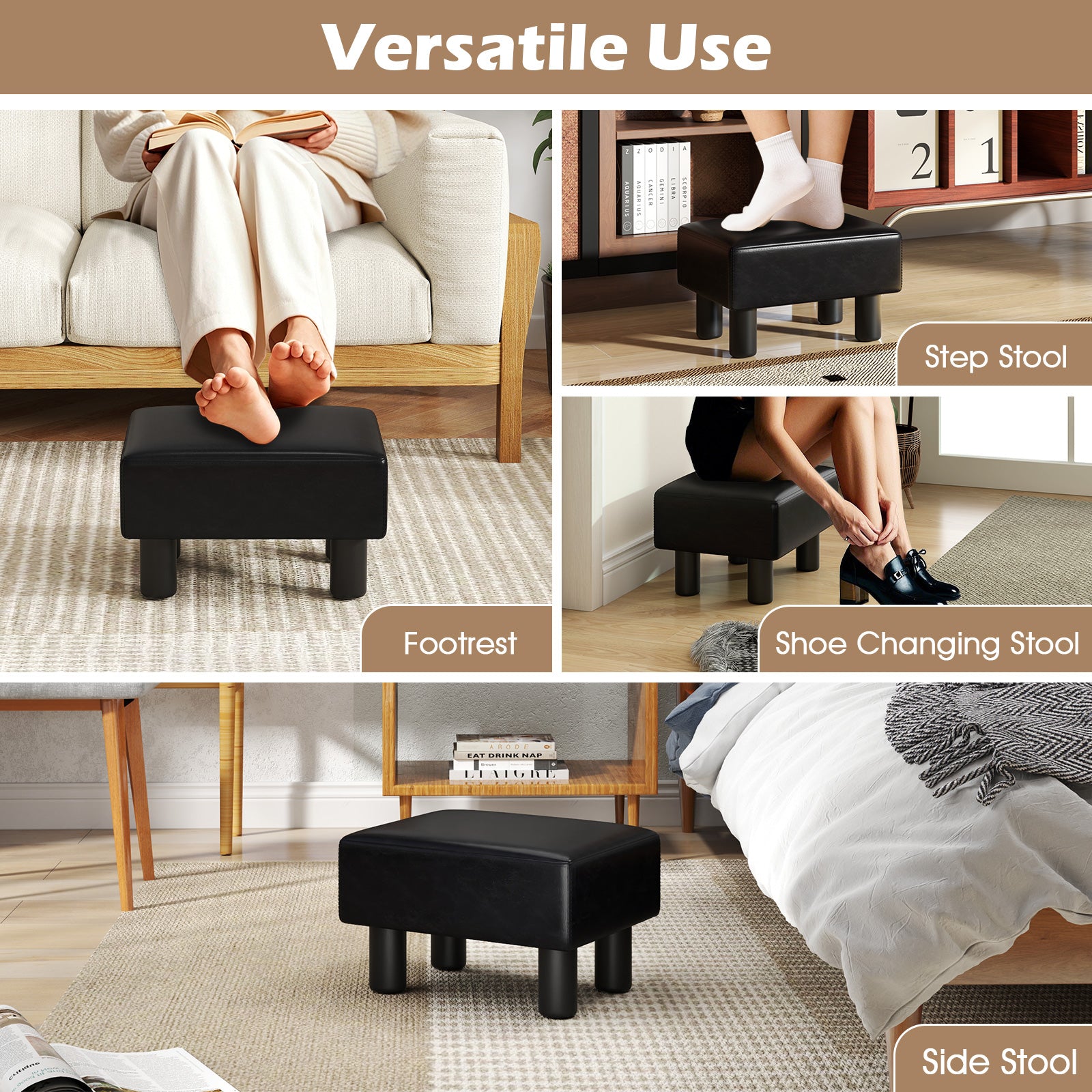 Small PU Leather Rectangular Seat Ottoman Footstool-Black