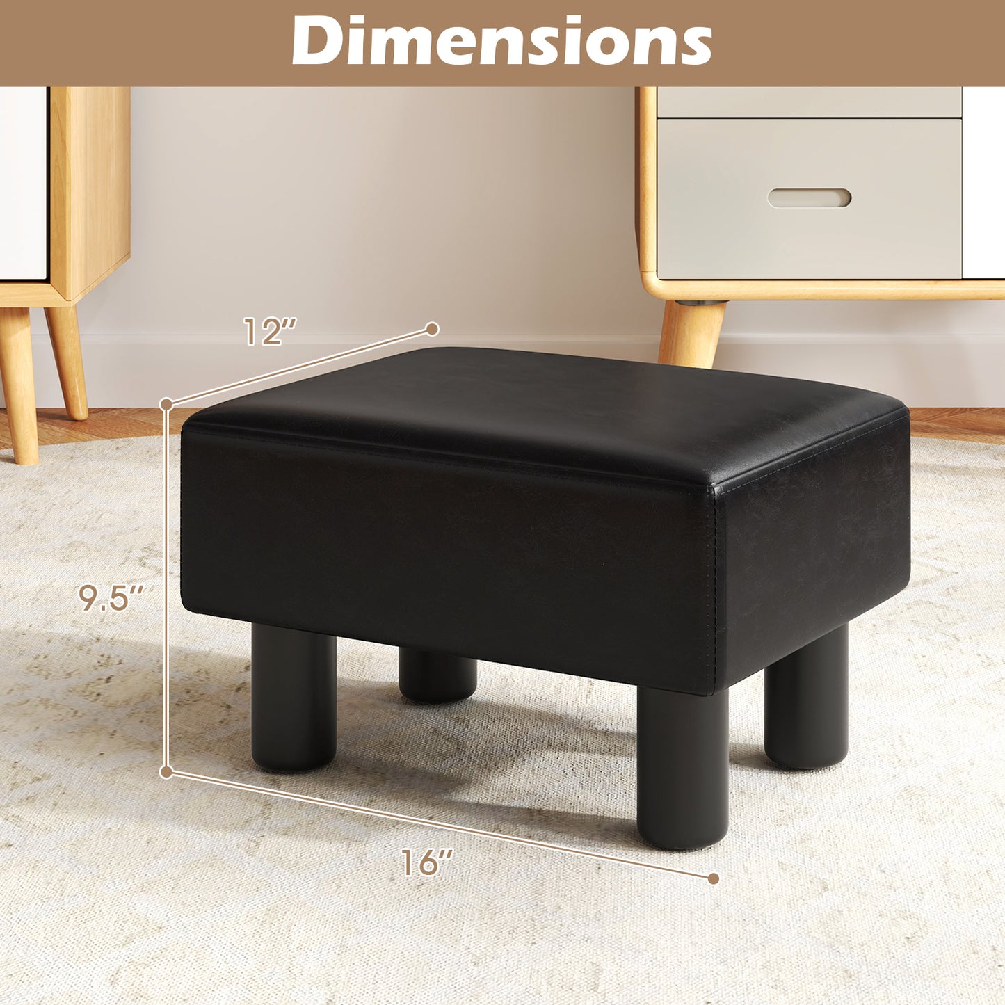 Small PU Leather Rectangular Seat Ottoman Footstool-Black