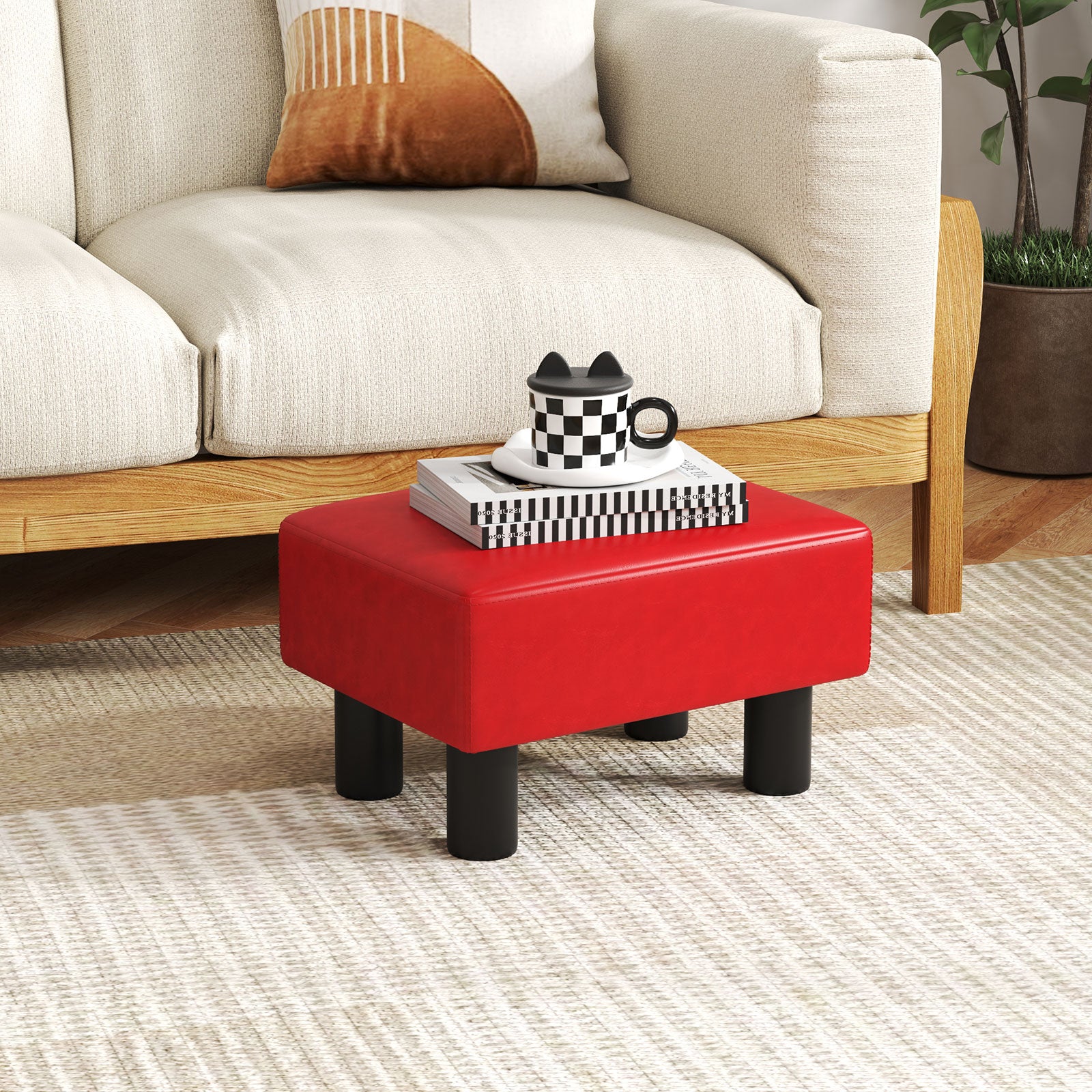 Small PU Leather Rectangular Seat Ottoman Footstool-Red
