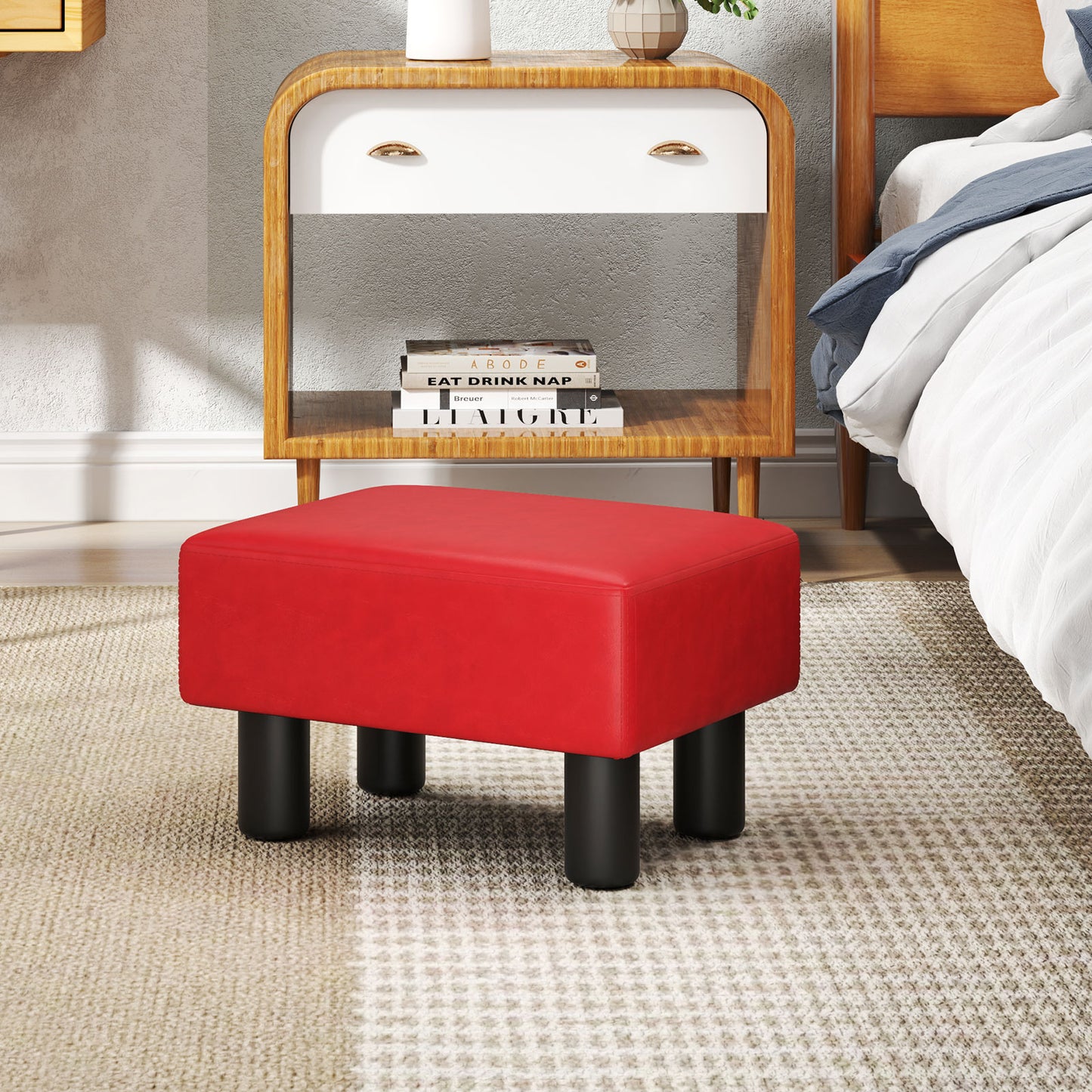 Small PU Leather Rectangular Seat Ottoman Footstool-Red