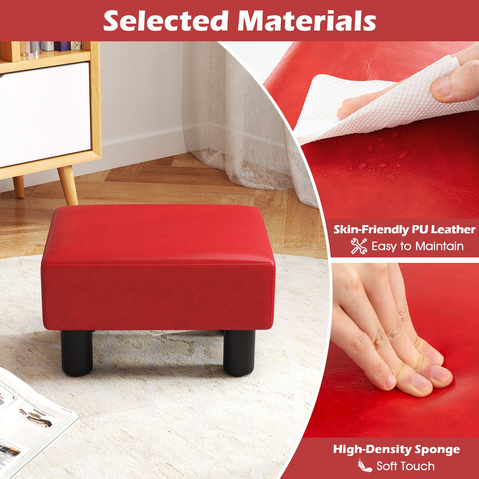 Small PU Leather Rectangular Seat Ottoman Footstool-Red