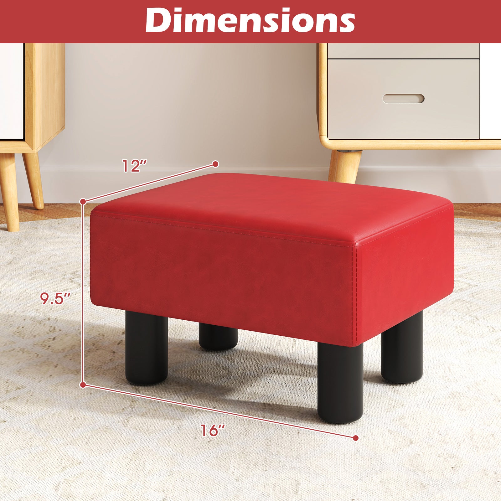 Small PU Leather Rectangular Seat Ottoman Footstool-Red