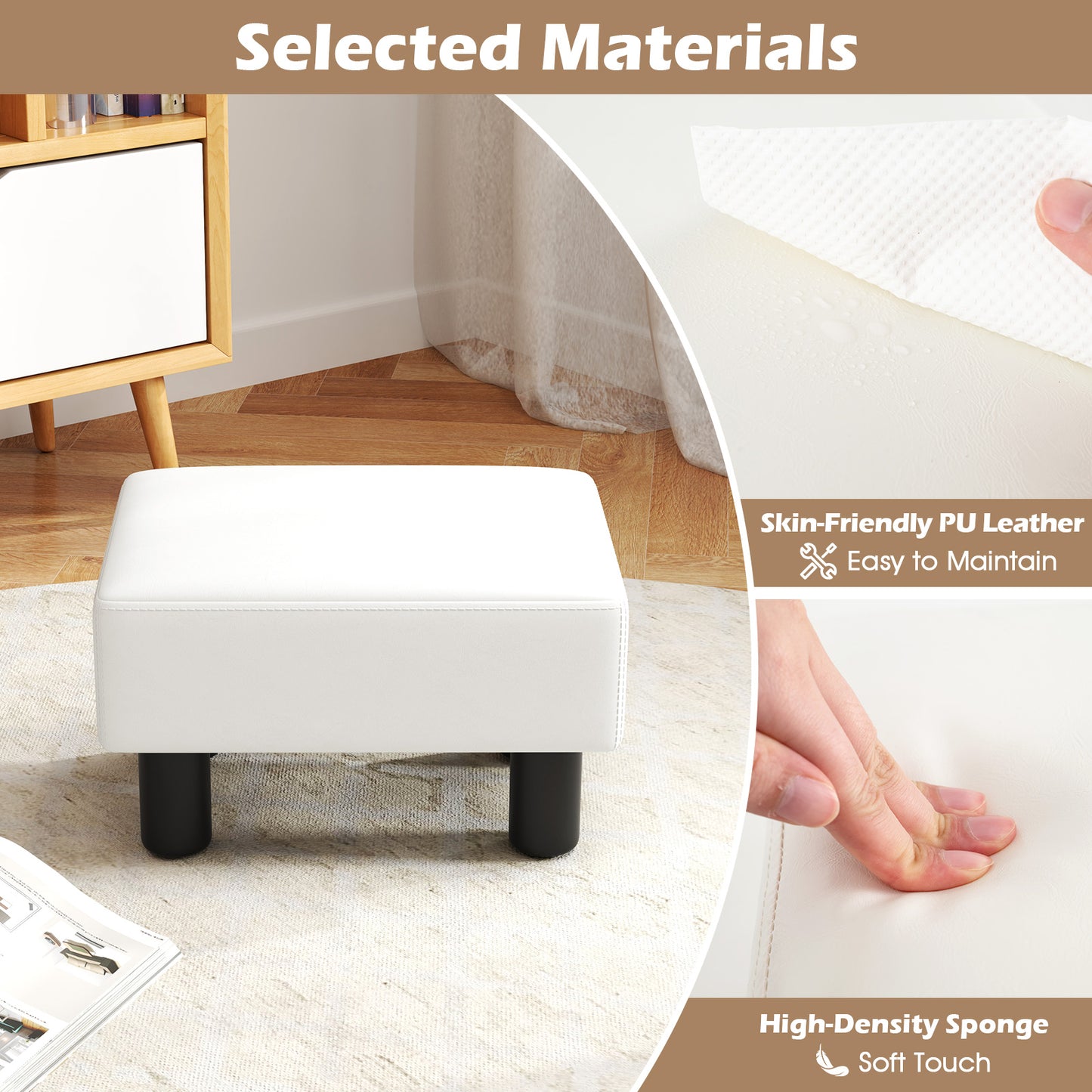 Small PU Leather Rectangular Seat Ottoman Footstool-White