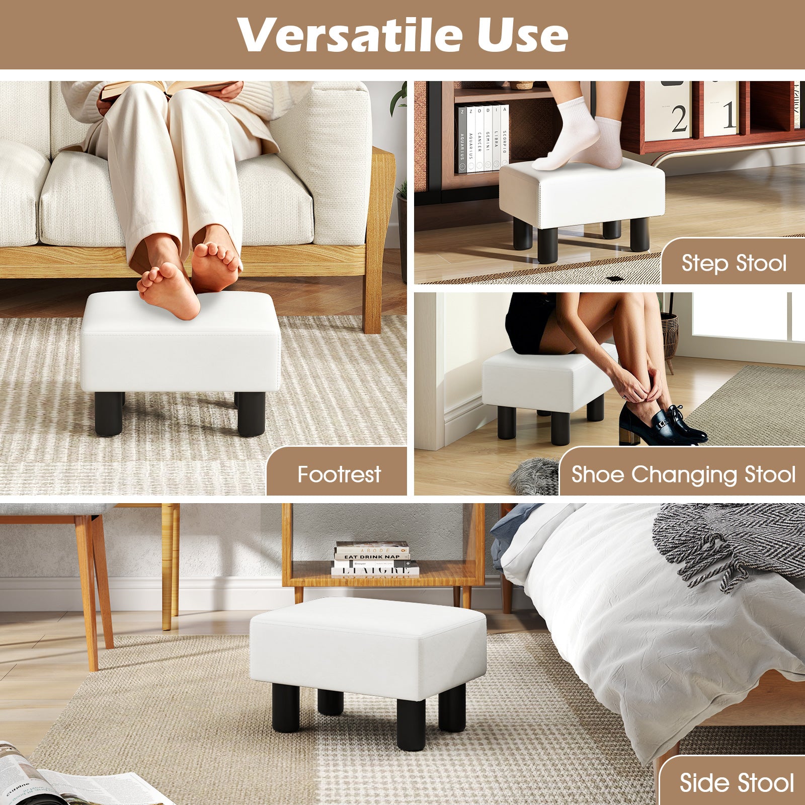 Small PU Leather Rectangular Seat Ottoman Footstool-White
