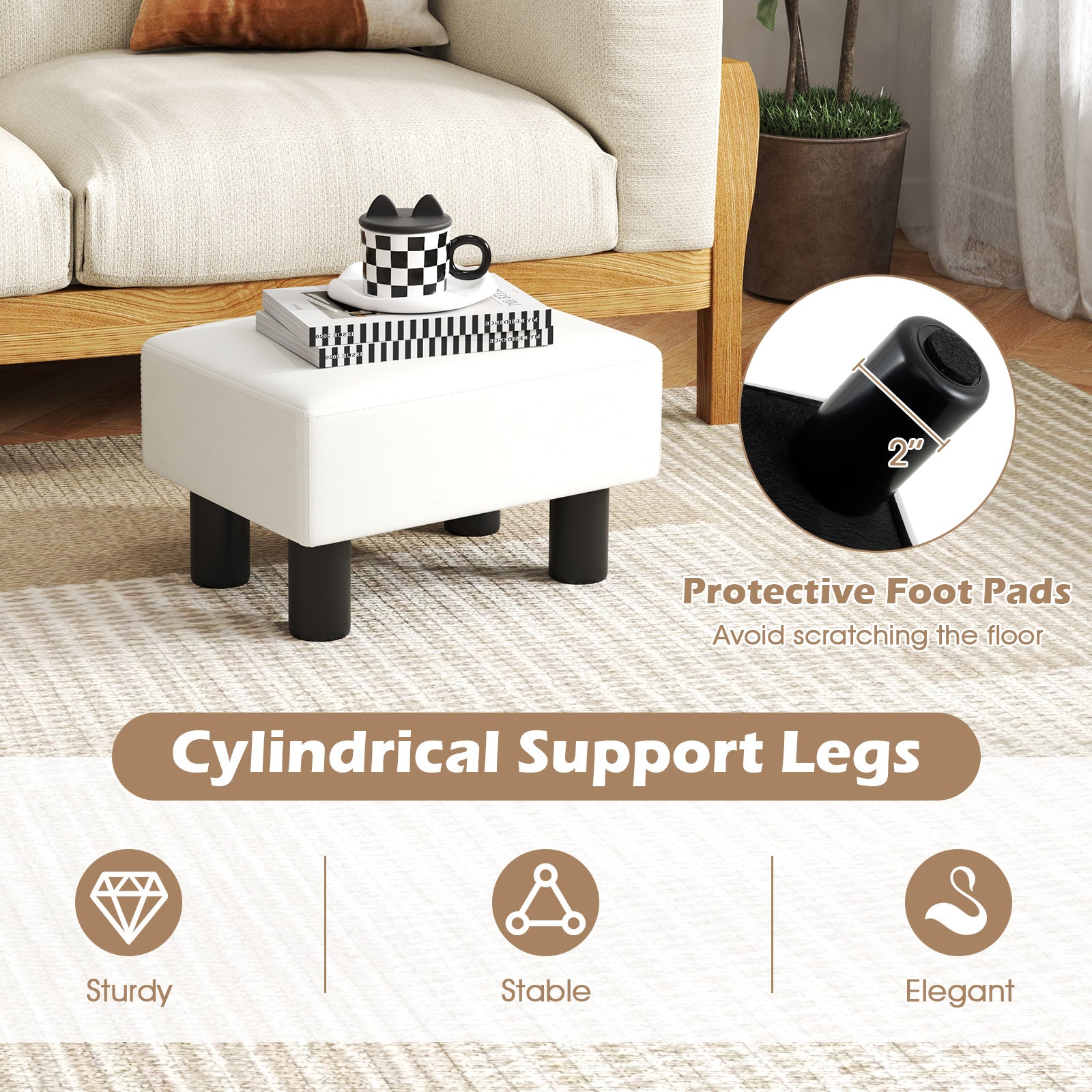 Small PU Leather Rectangular Seat Ottoman Footstool-White
