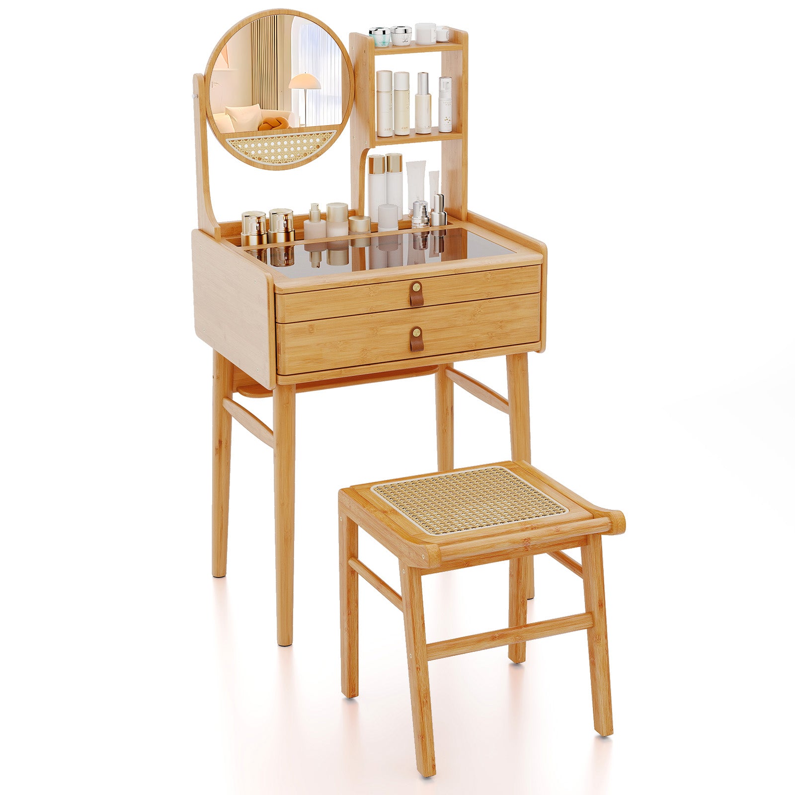 Small Vanity Desk and Stool Set with Mirror and 2 Drawers