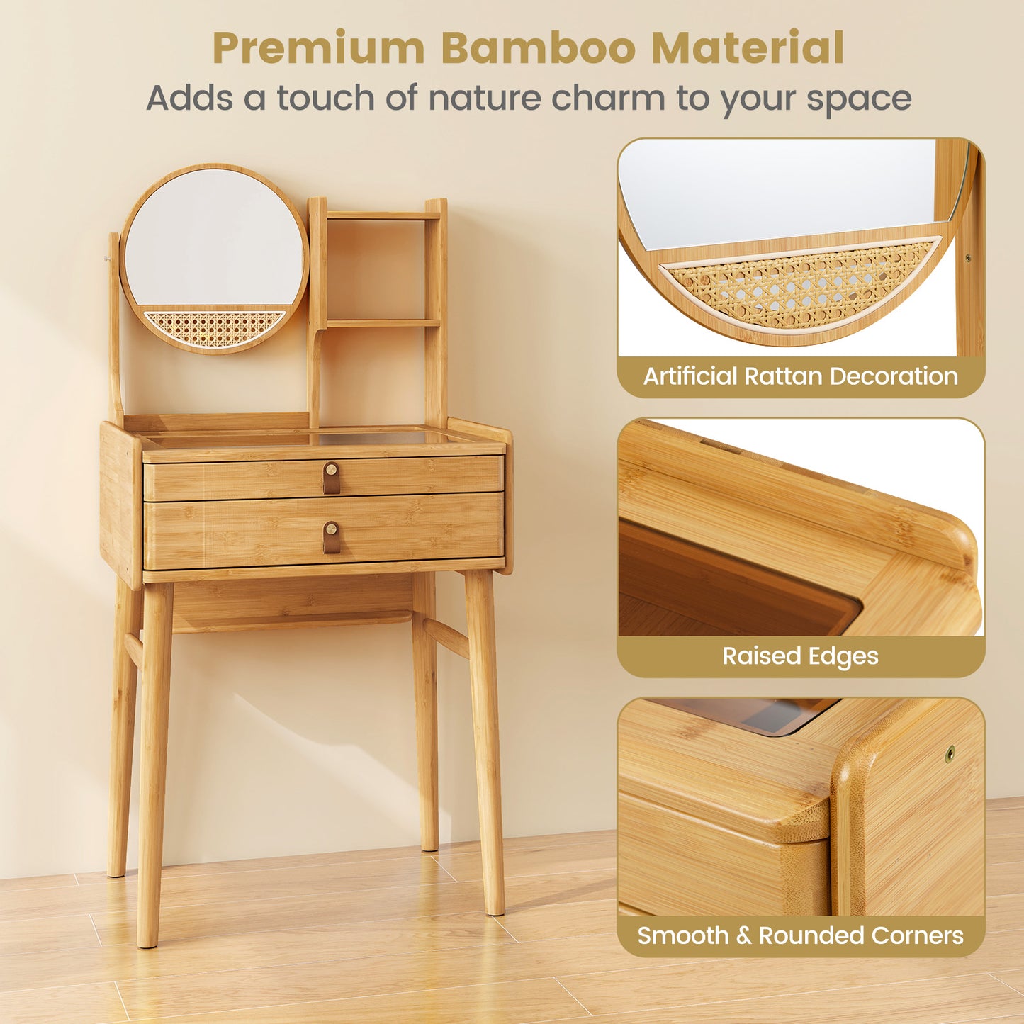 Small Vanity Desk and Stool Set with Mirror and 2 Drawers