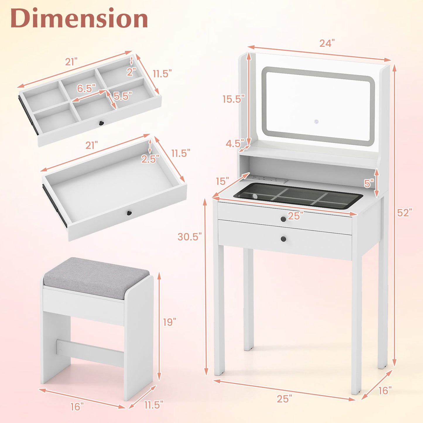 Small Vanity Desk with Mirror and Lights for Bedroom-White