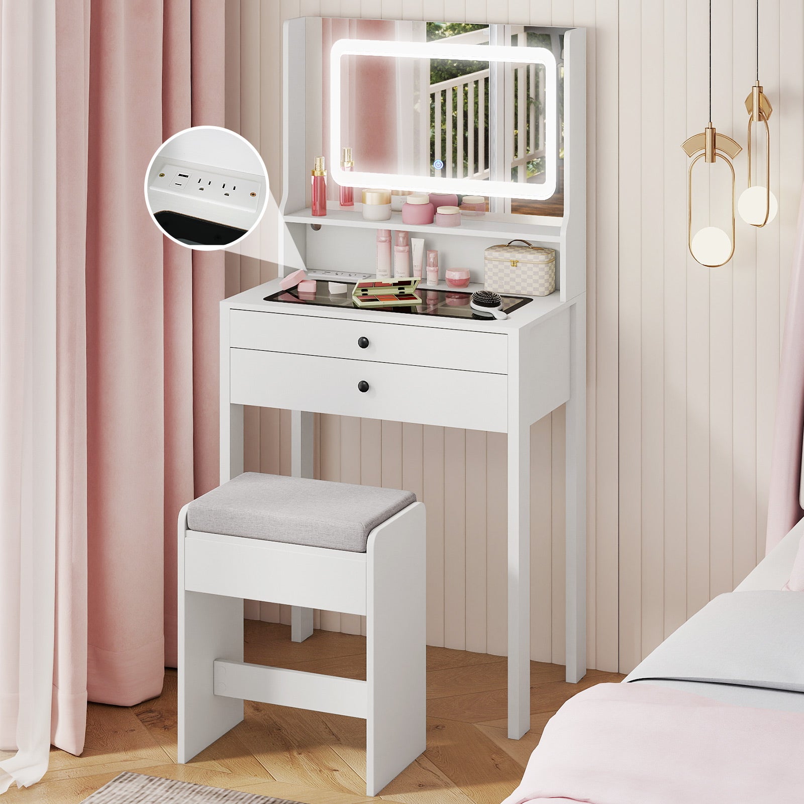 Small Vanity Desk with Mirror and Lights for Bedroom-White