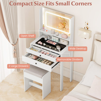 Small Vanity Desk with Mirror and Lights for Bedroom-White