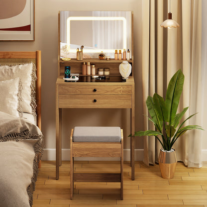 Small Vanity Desk with Mirror and Lights for Bedroom-Natural