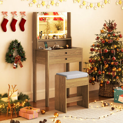 Small Vanity Desk with Mirror and Lights for Bedroom-Natural