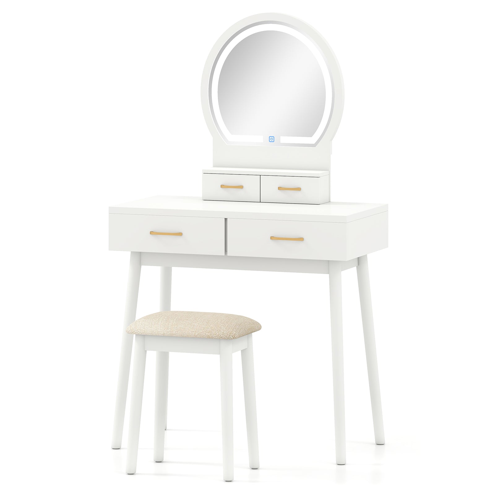 Small Vanity Makeup Dressing Table Set with Cushioned Stool and LED Lighted Mirror-White - White