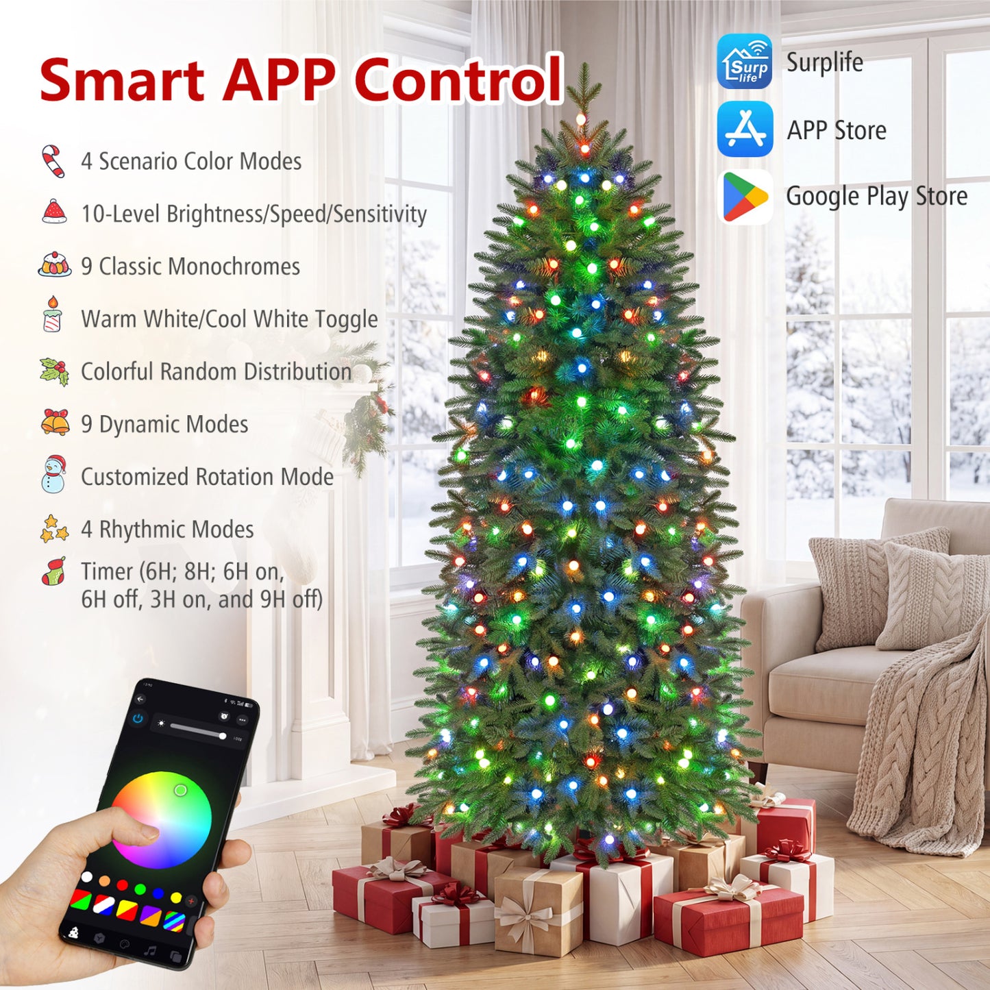 7.4 ft Pre-Lit Pencil Christmas Tree with 220 RGB LED Lights