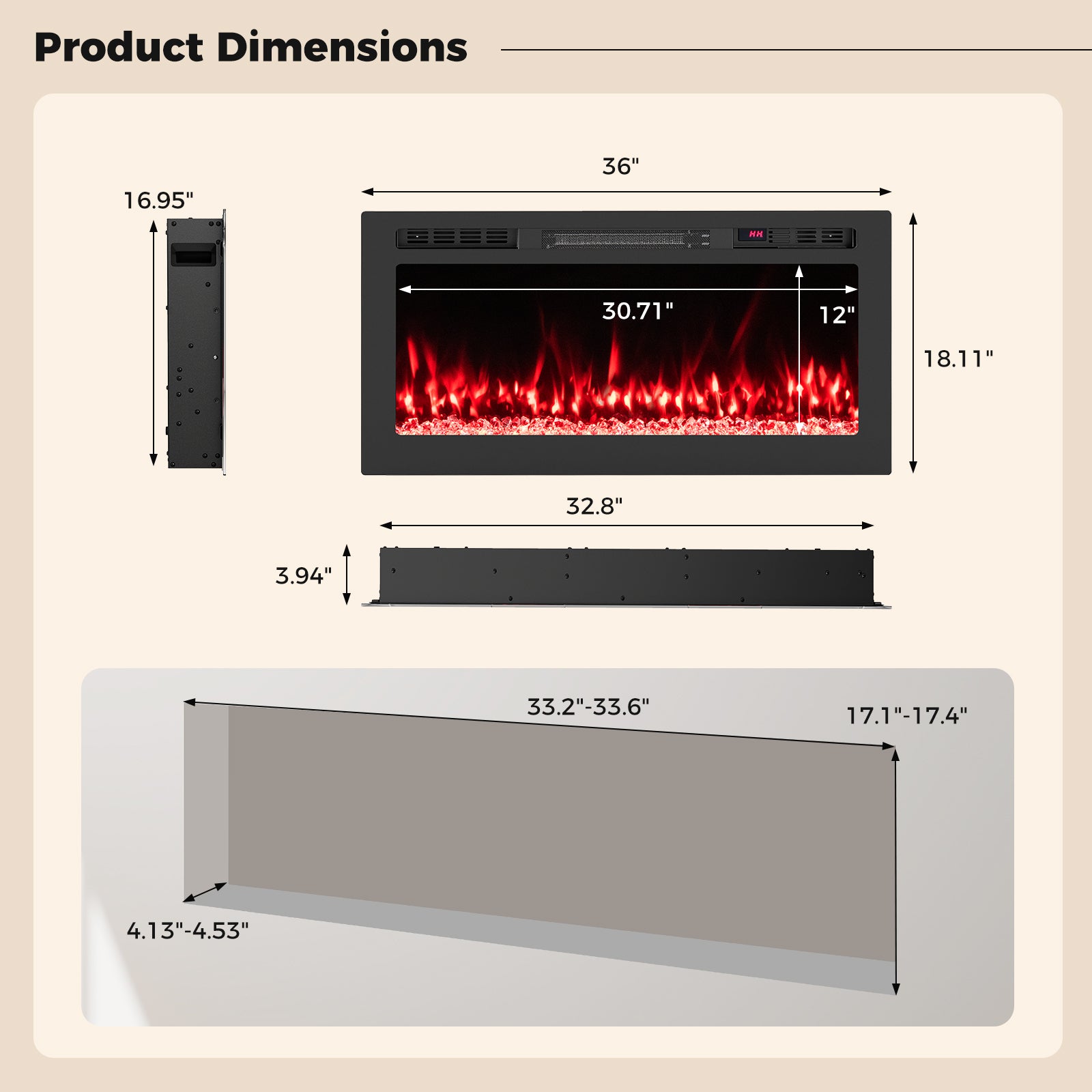 Smart WiFi Electric Fireplace Wall Mounted & Recessed 750W/1500W Heater-36 Inch