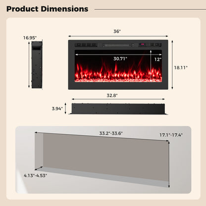 Smart WiFi Electric Fireplace Wall Mounted & Recessed 750W/1500W Heater-36 Inch
