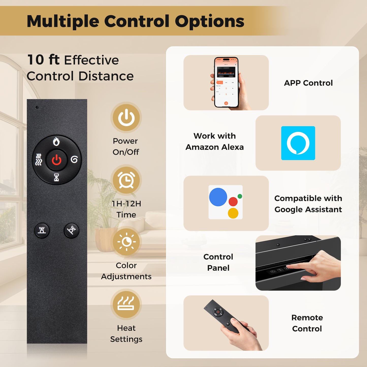 Smart WiFi Electric Fireplace Wall Mounted & Recessed 750W/1500W Heater-36 Inch