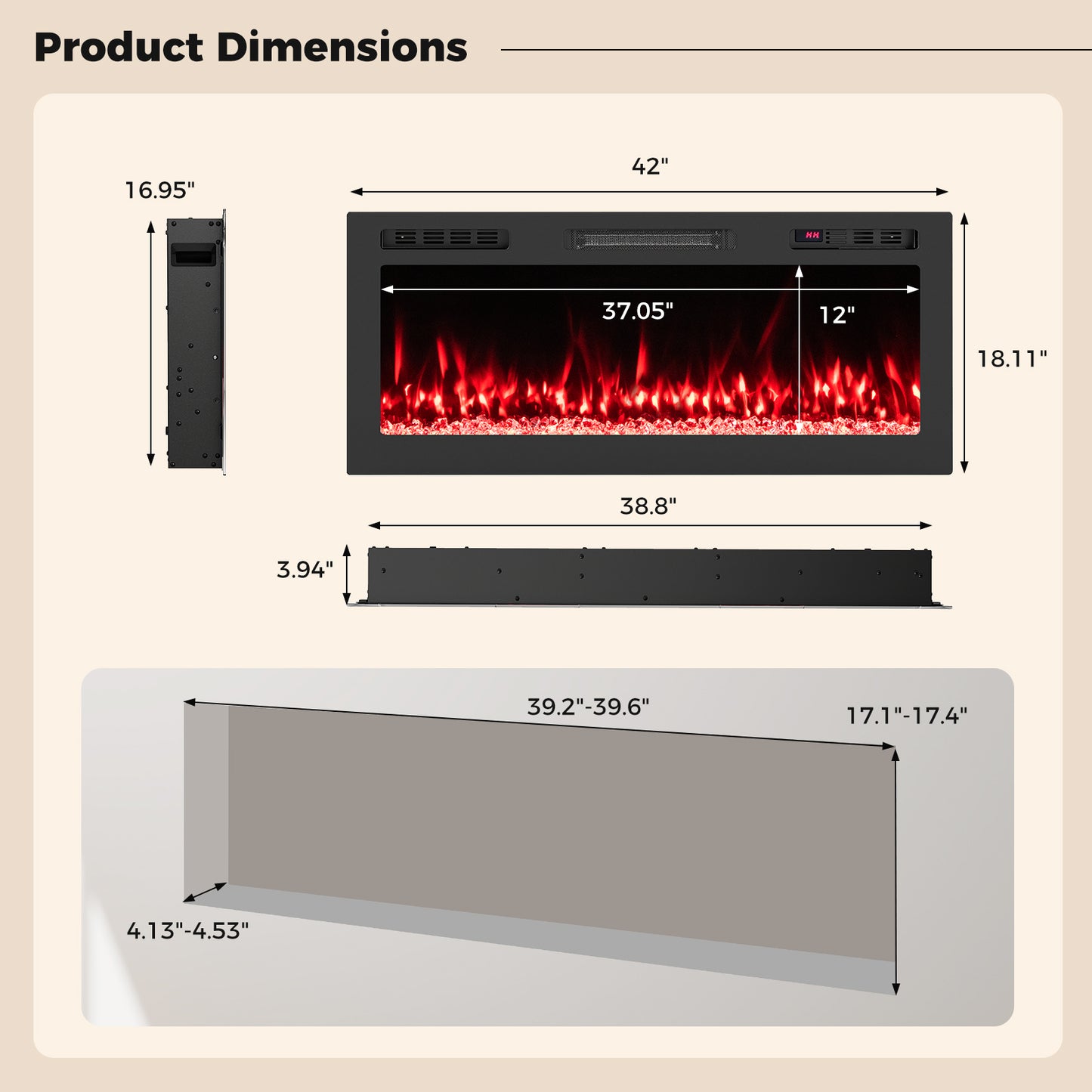 Smart WiFi Electric Fireplace Wall Mounted & Recessed 750W/1500W Heater-42 Inch