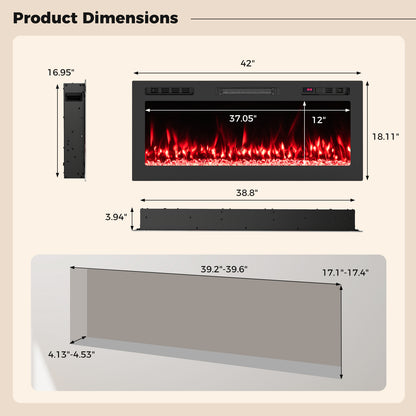 Smart WiFi Electric Fireplace Wall Mounted & Recessed 750W/1500W Heater-42 Inch