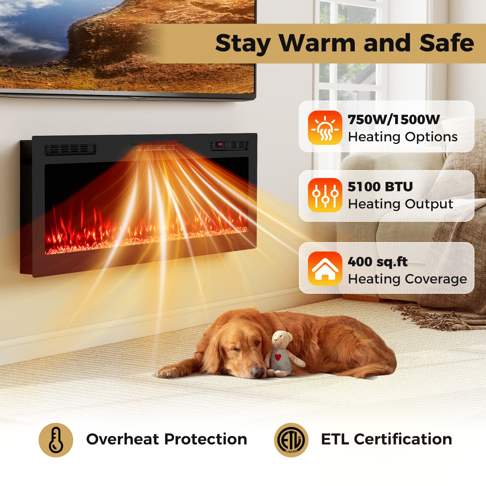 Smart WiFi Electric Fireplace Wall Mounted & Recessed 750W/1500W Heater-50 Inch