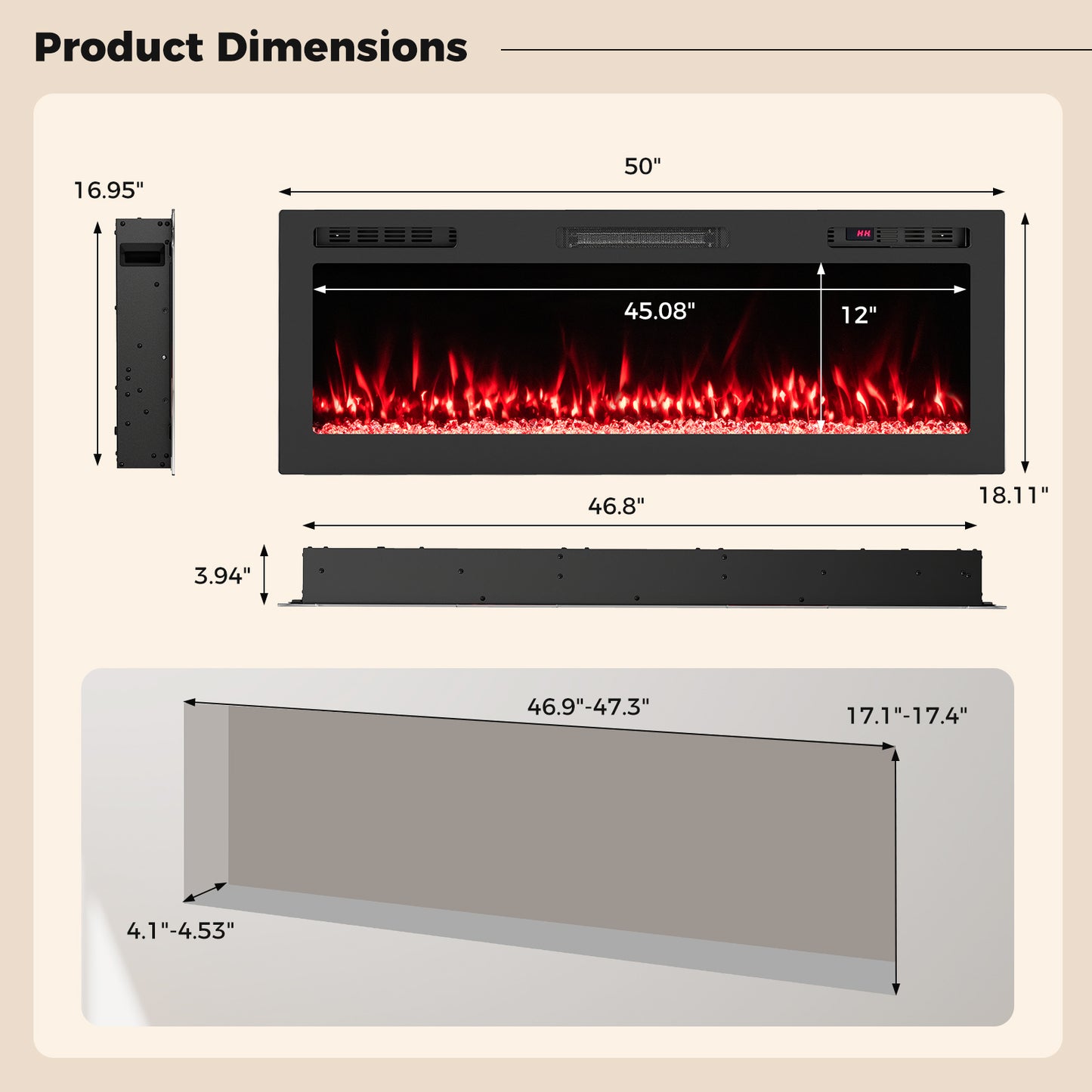 Smart WiFi Electric Fireplace Wall Mounted & Recessed 750W/1500W Heater-50 Inch
