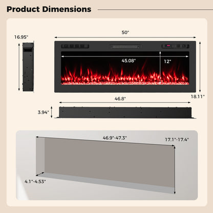 Smart WiFi Electric Fireplace Wall Mounted & Recessed 750W/1500W Heater-50 Inch