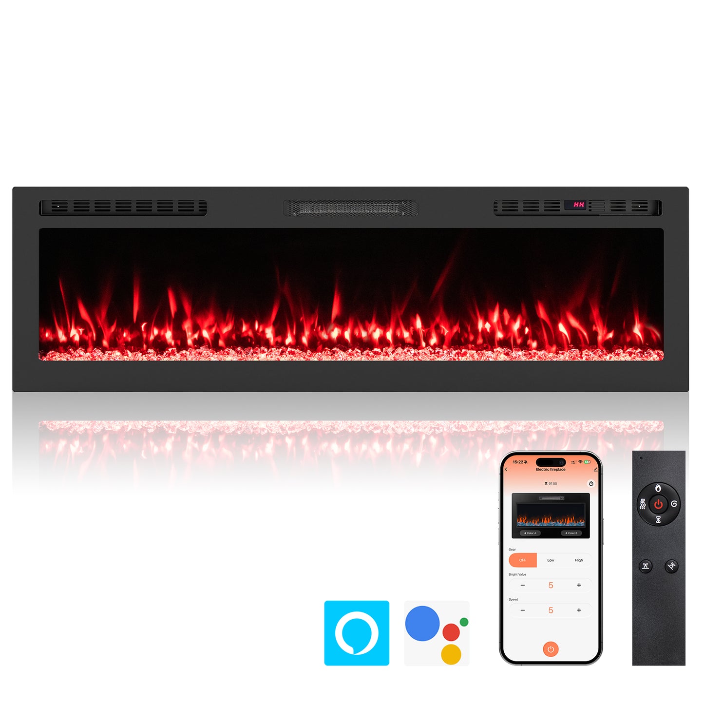 Smart WiFi Electric Fireplace Wall Mounted & Recessed 750W/1500W Heater-60 Inch